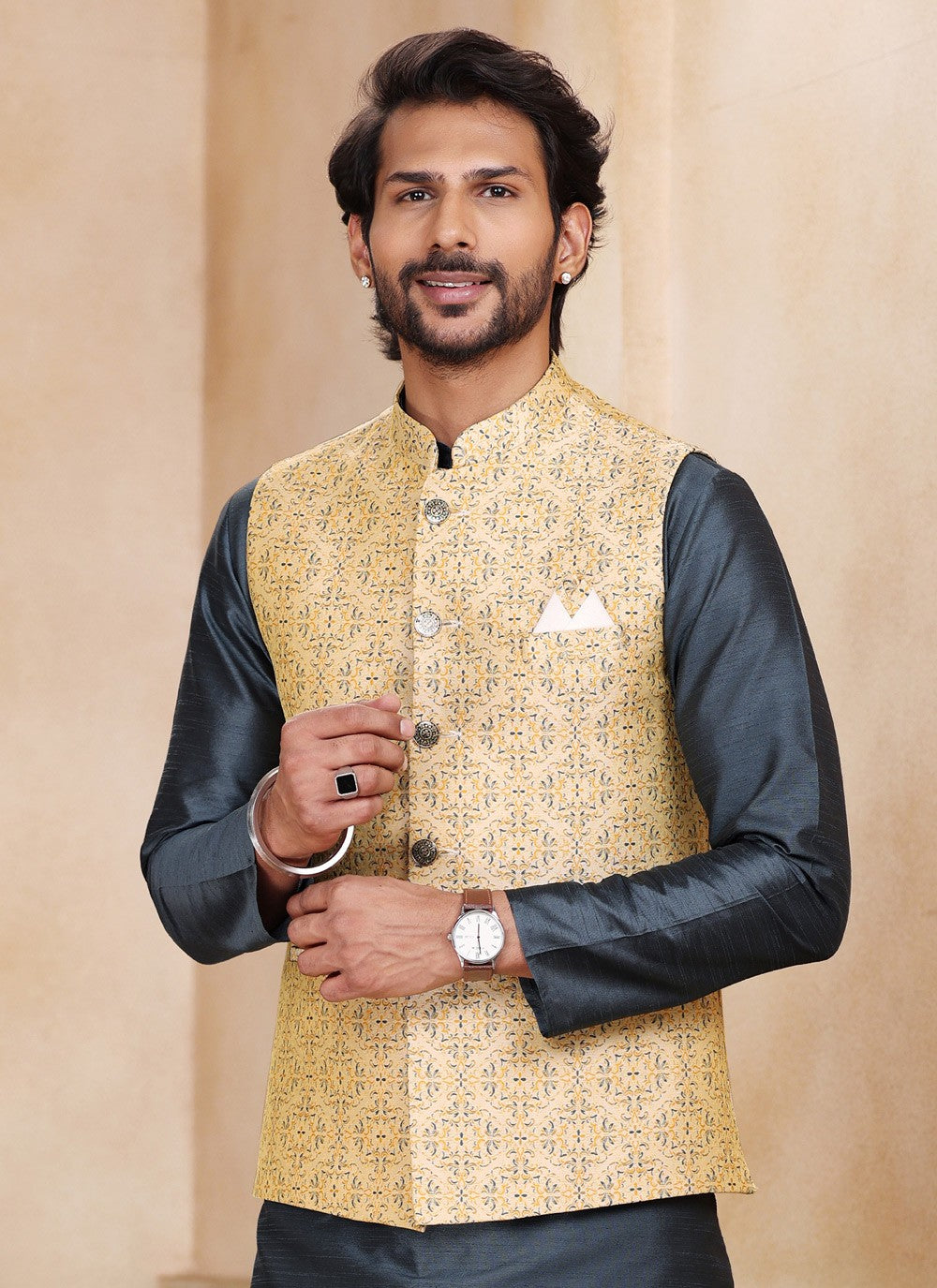 Fancy Work Jacquard Silk Beige, Grey Kurta Payjama With Jacket - M5201