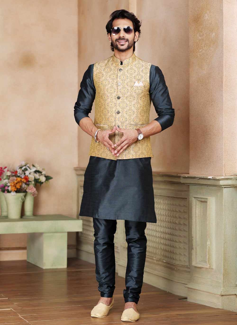 Fancy Work Jacquard Silk Beige, Grey Kurta Payjama With Jacket - M5201