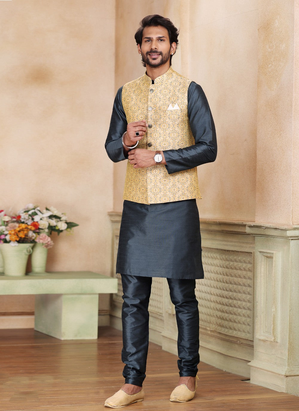 Fancy Work Jacquard Silk Beige, Grey Kurta Payjama With Jacket - M5201