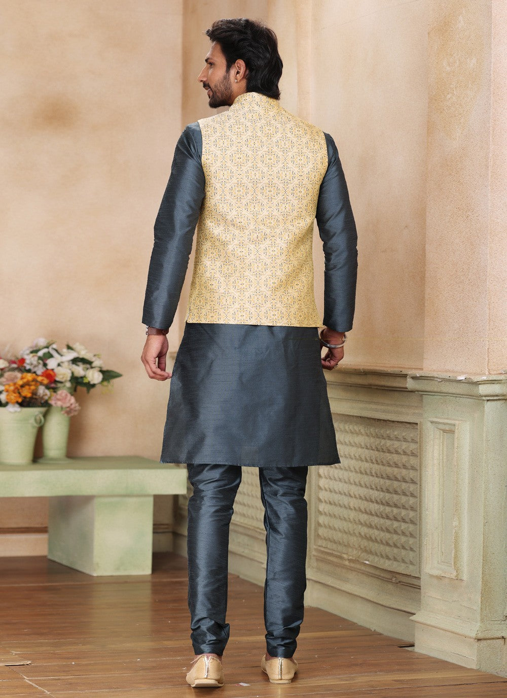 Fancy Work Jacquard Silk Beige, Grey Kurta Payjama With Jacket - M5201