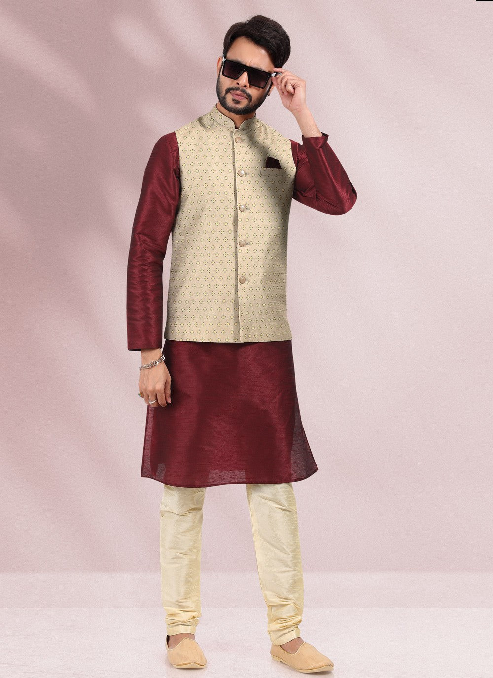 Printed Banarasi Silk Beige, Maroon Kurta Payjama With Jacket - M4589