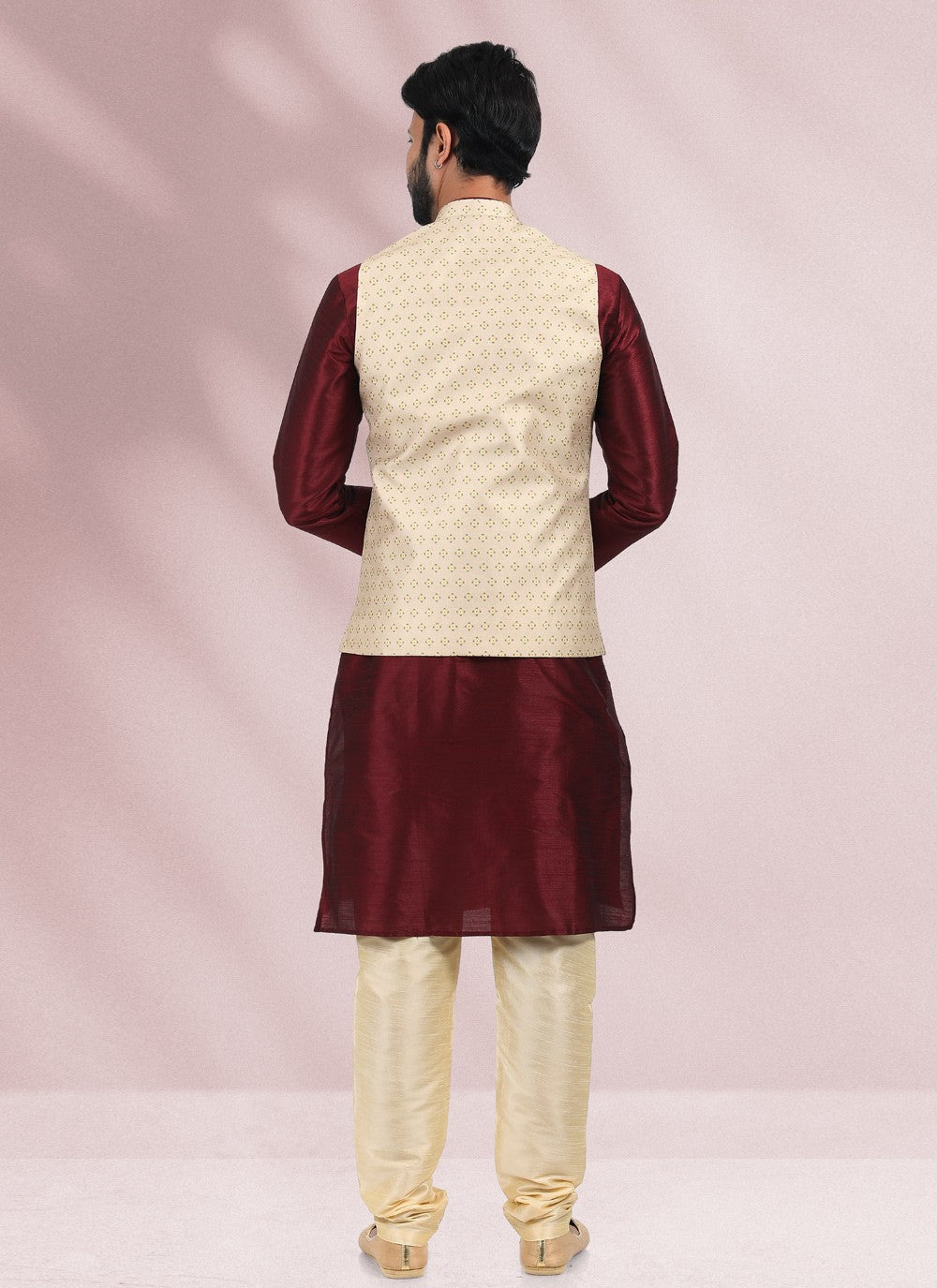 Printed Banarasi Silk Beige, Maroon Kurta Payjama With Jacket - M4589