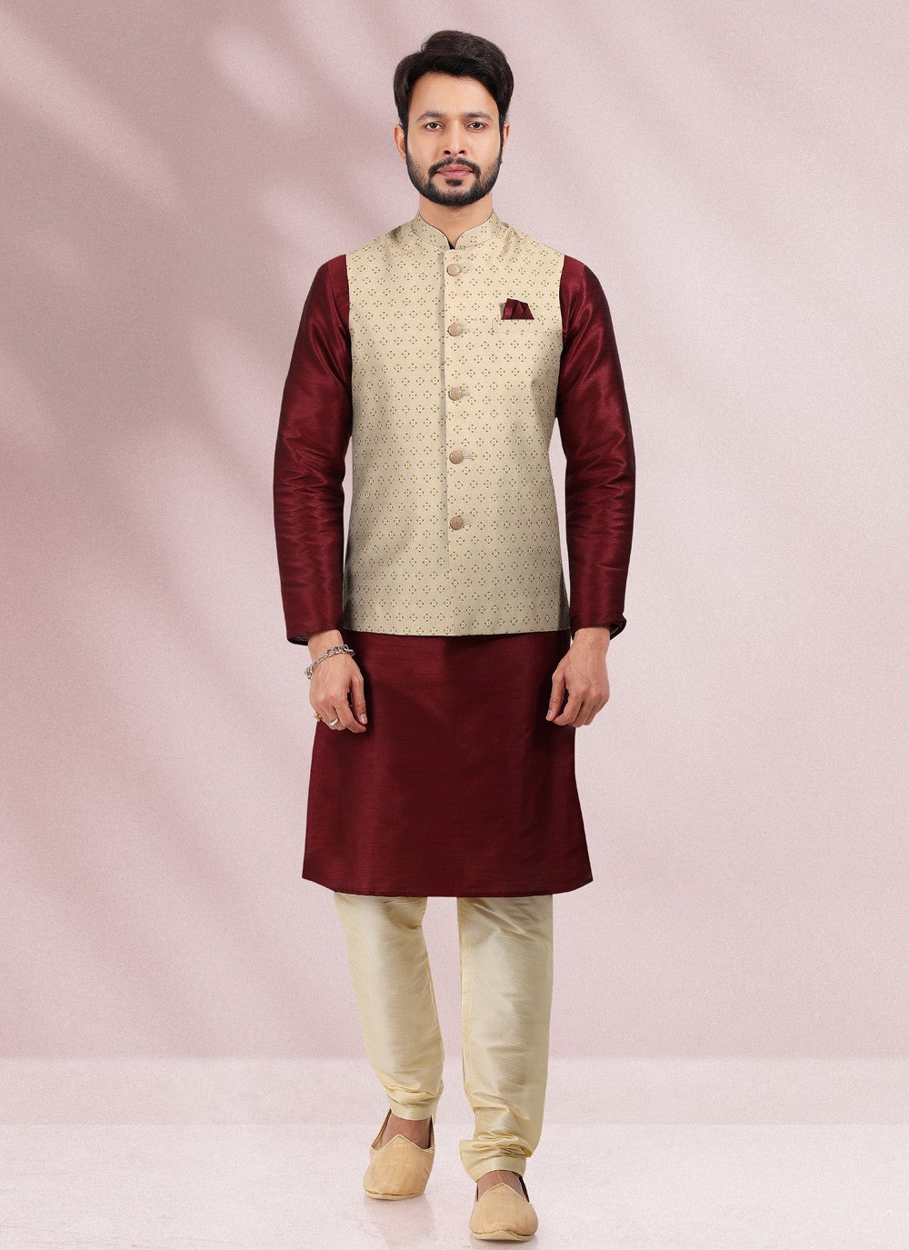 Printed Banarasi Silk Beige, Maroon Kurta Payjama With Jacket - M4589