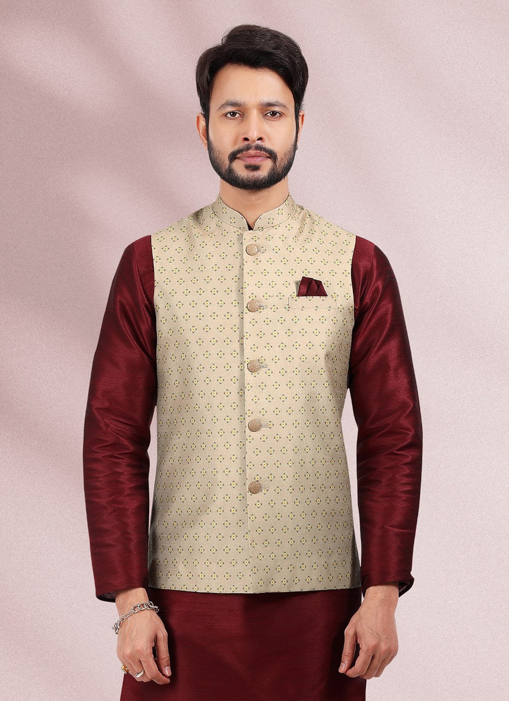 Printed Banarasi Silk Beige, Maroon Kurta Payjama With Jacket - M4589