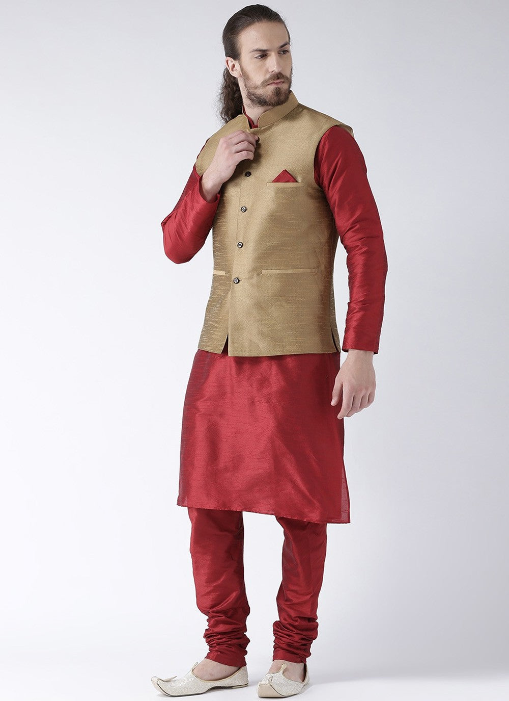 Plain Art Dupion Silk Beige, Maroon Kurta Payjama With Jacket - M2454