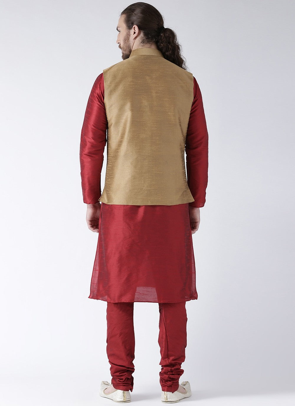 Plain Art Dupion Silk Beige, Maroon Kurta Payjama With Jacket - M2454