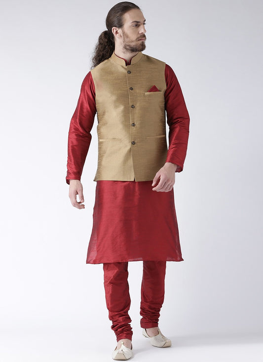 Plain Art Dupion Silk Beige, Maroon Kurta Payjama With Jacket - M2454