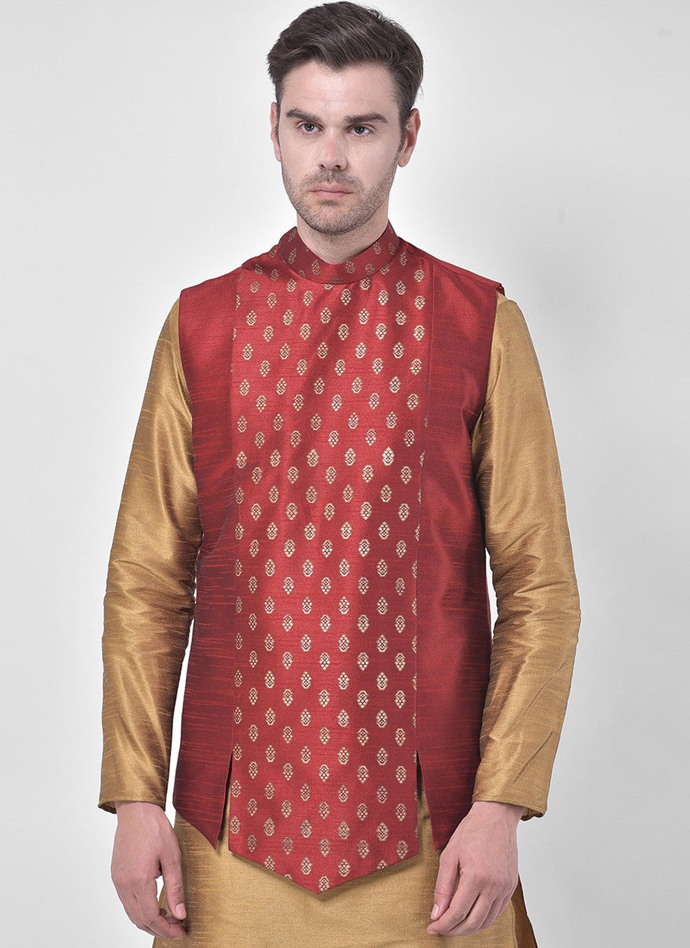 Fancy Work Dupion Silk Beige, Maroon Kurta Payjama With Jacket - M5217