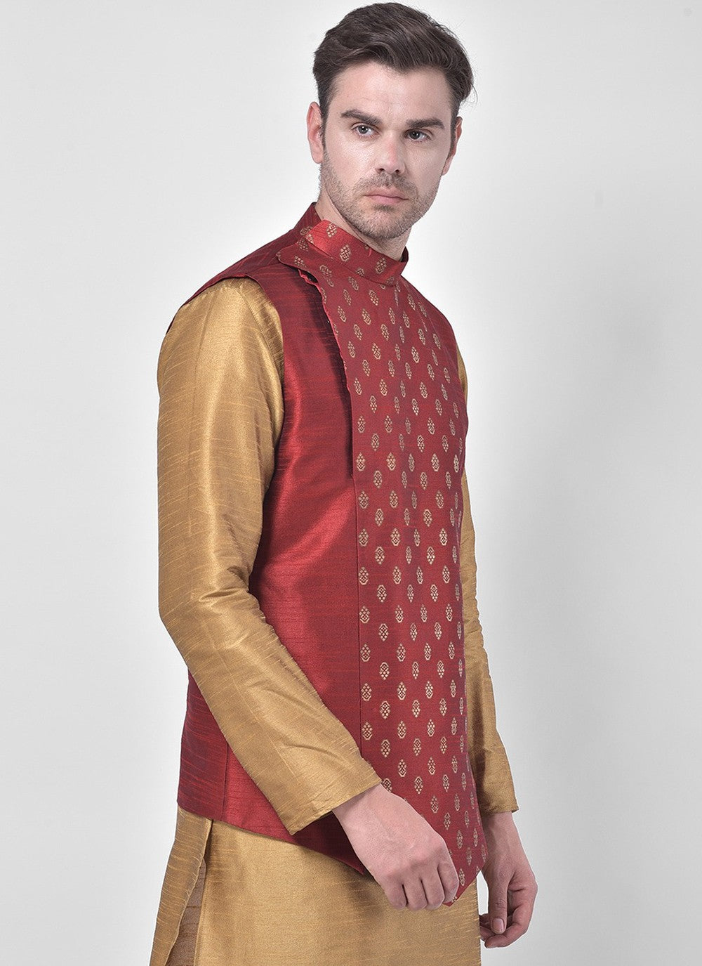 Fancy Work Dupion Silk Beige, Maroon Kurta Payjama With Jacket - M5217