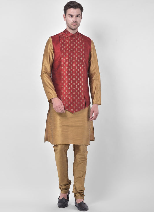 Fancy Work Dupion Silk Beige, Maroon Kurta Payjama With Jacket - M5217