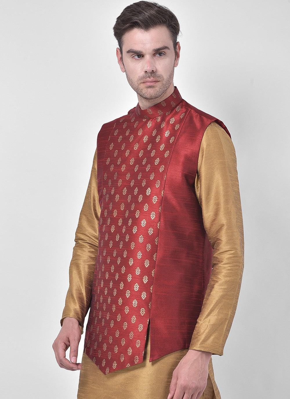 Fancy Work Dupion Silk Beige, Maroon Kurta Payjama With Jacket - M5217