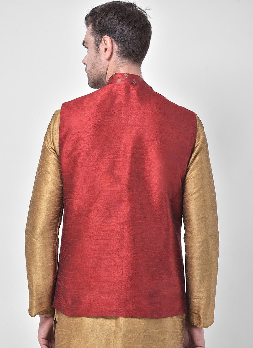 Fancy Work Dupion Silk Beige, Maroon Kurta Payjama With Jacket - M5217