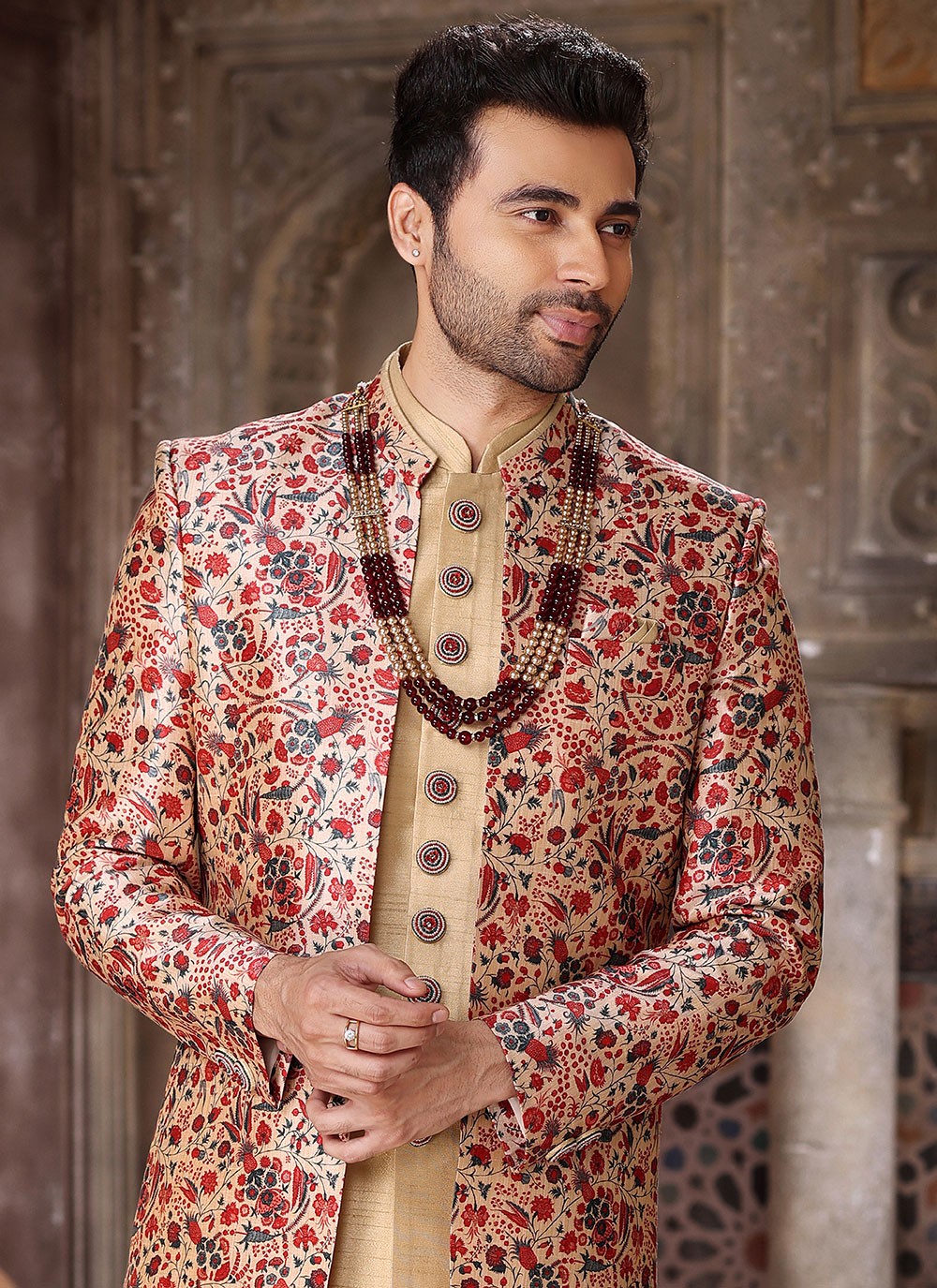 Embroidered Art Silk Beige, Maroon Indo Western - M5273