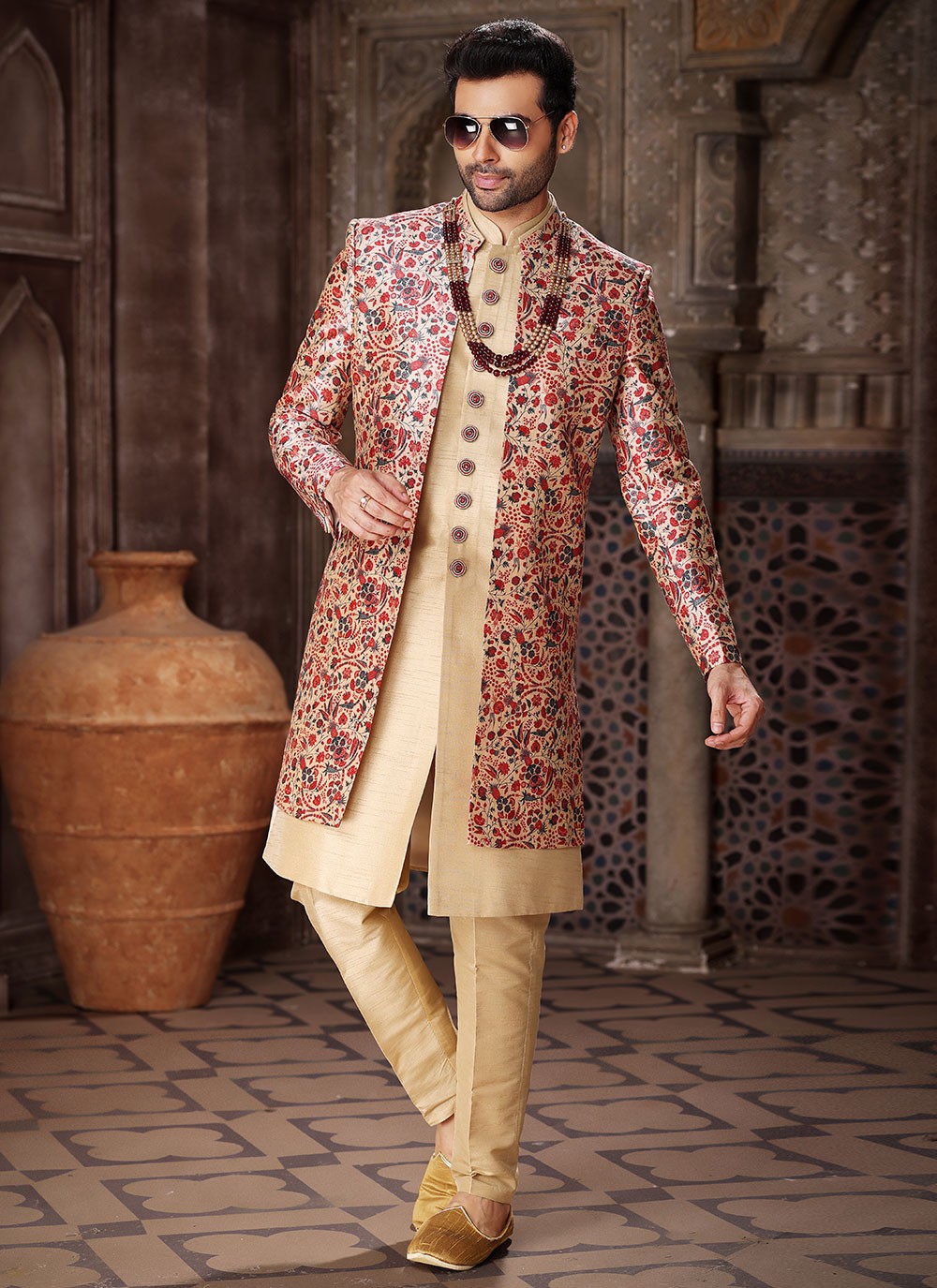 Embroidered Art Silk Beige, Maroon Indo Western - M5273