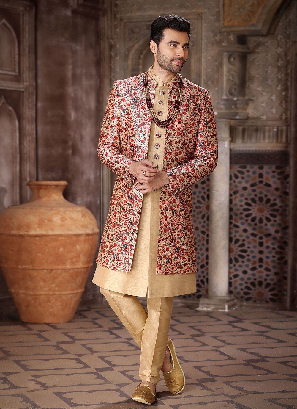 Embroidered Art Silk Beige, Maroon Indo Western - M5273