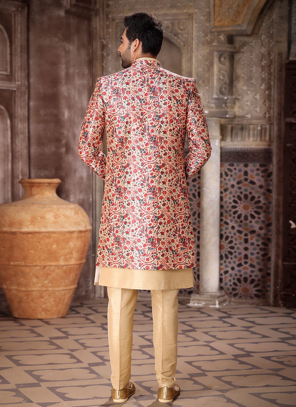 Embroidered Art Silk Beige, Maroon Indo Western - M5273