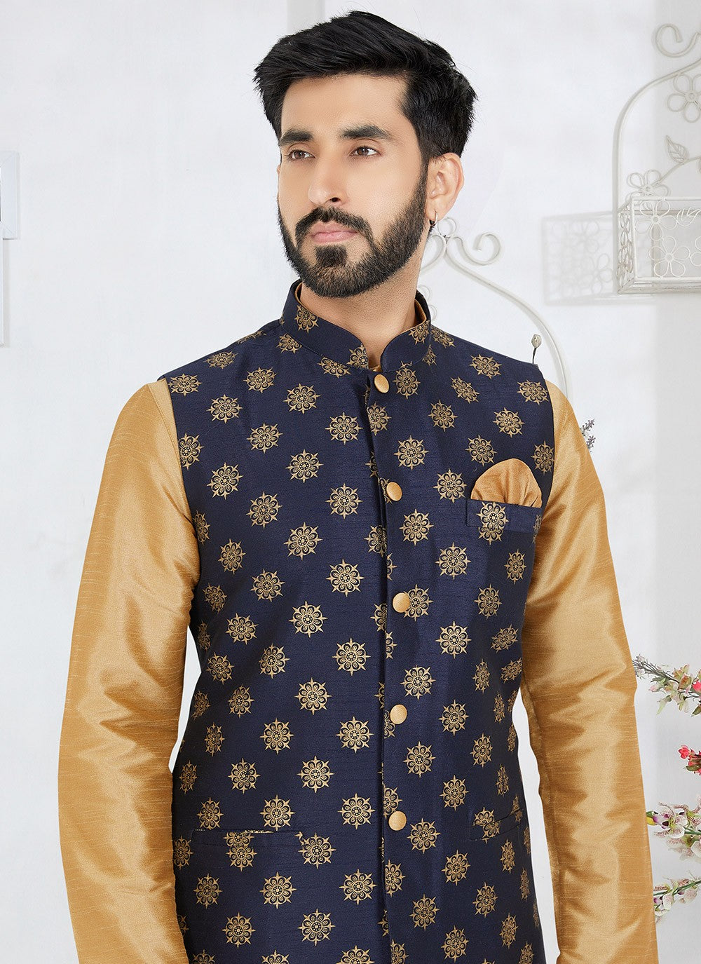 Fancy Work Dupion Silk Beige, Navy Blue Kurta Payjama With Jacket - M5491