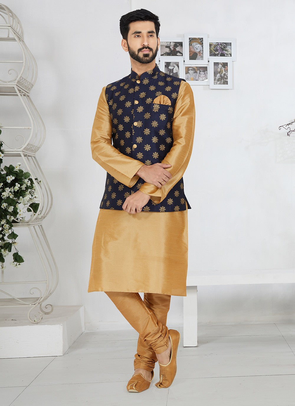 Fancy Work Dupion Silk Beige, Navy Blue Kurta Payjama With Jacket - M5491