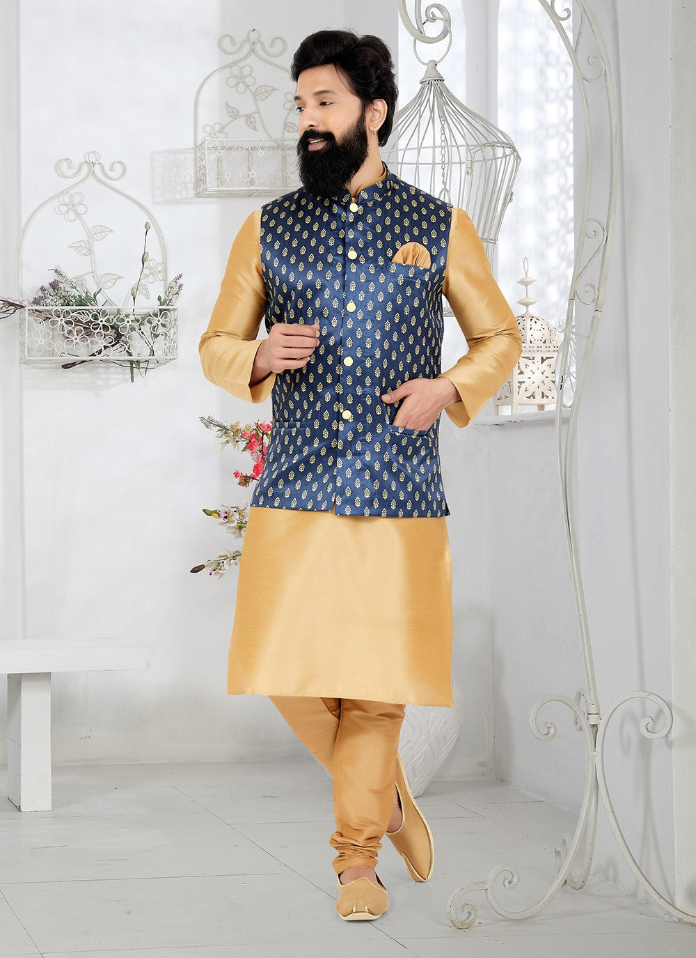 Fancy Work Dupion Silk Beige, Navy Blue Kurta Payjama With Jacket - M5503