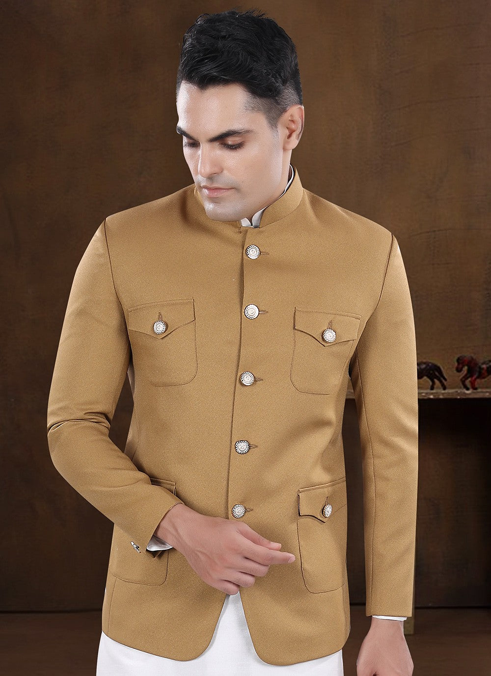 Plain Silk, Viscose Beige, Off White Kurta Payjama With Jacket - M8210