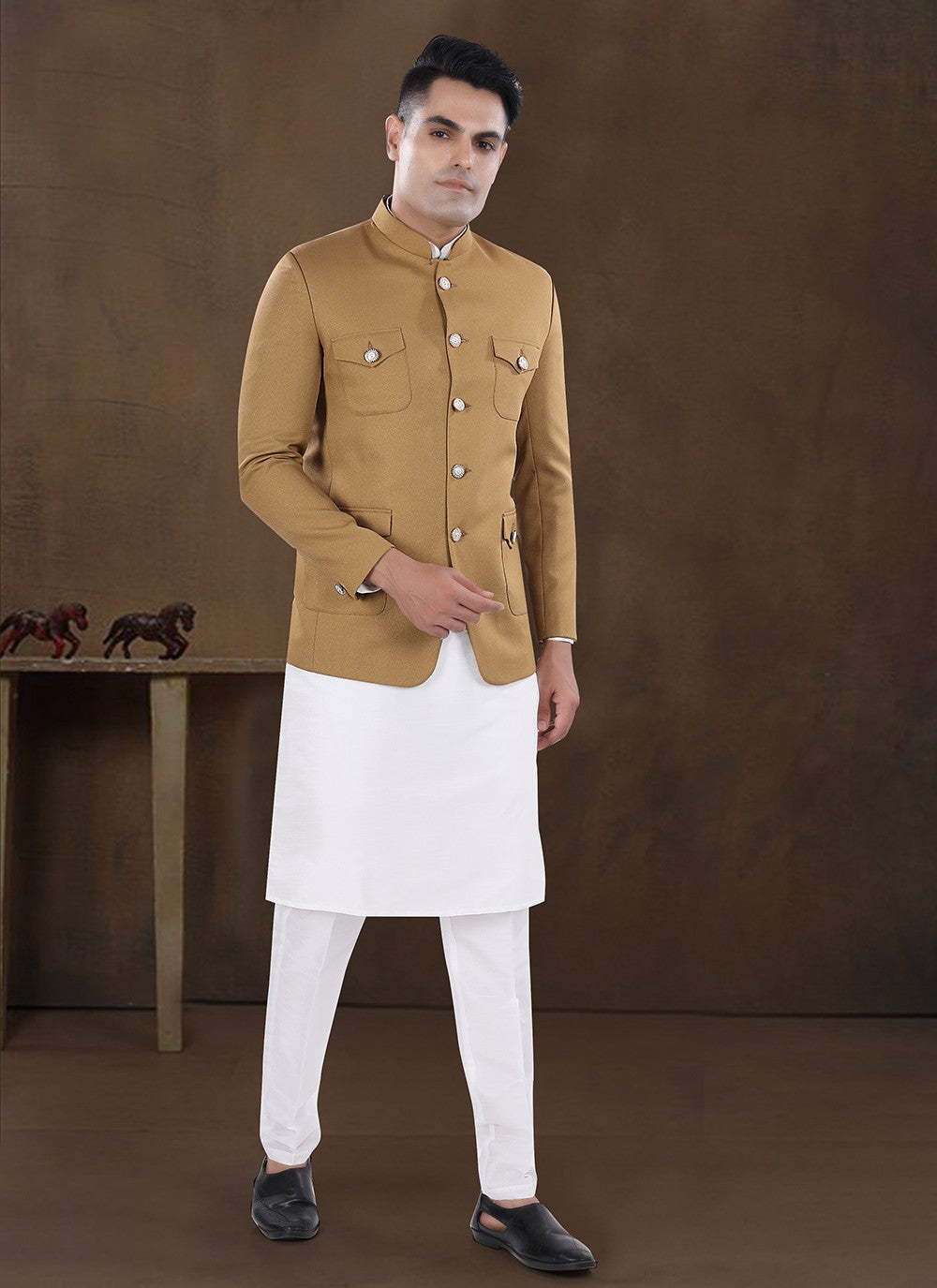 Plain Silk, Viscose Beige, Off White Kurta Payjama With Jacket - M8210