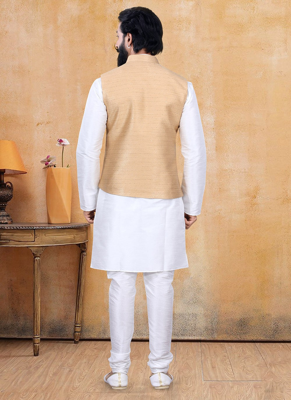 Fancy Work Jacquard Silk Beige, Off White Kurta Payjama With Jacket - M3383