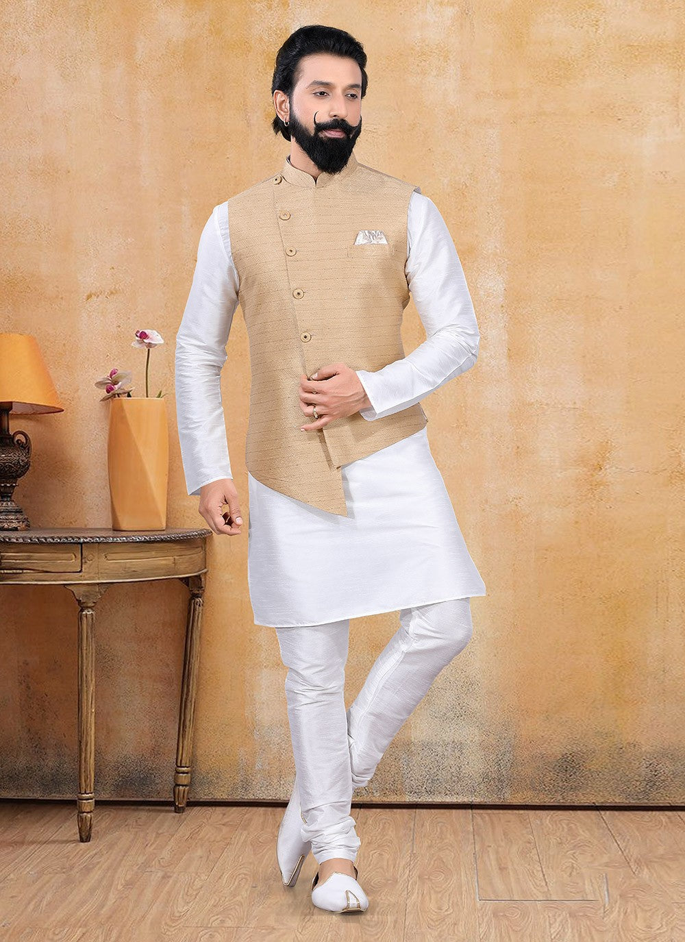 Fancy Work Jacquard Silk Beige, Off White Kurta Payjama With Jacket - M3383