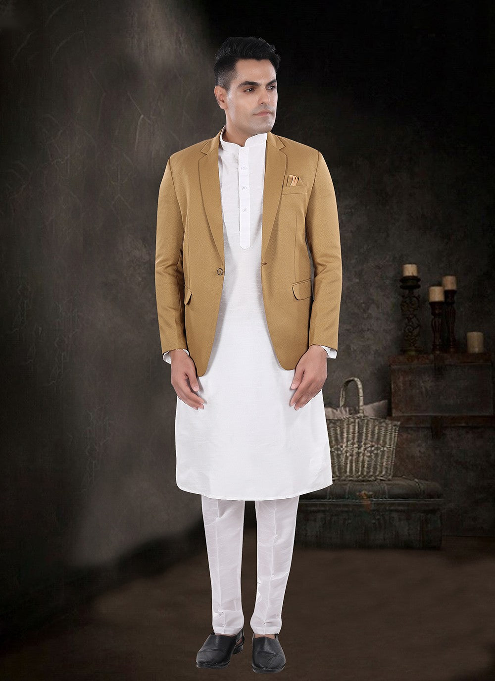 Plain Silk, Viscose Beige, Off White Kurta Payjama With Jacket - M8176