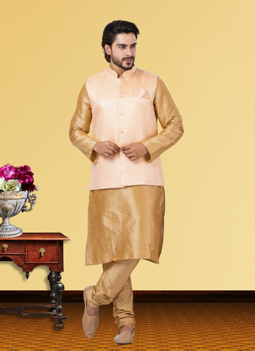 Plain Dupion Silk Beige, Peach Kurta Payjama With Jacket - M3748