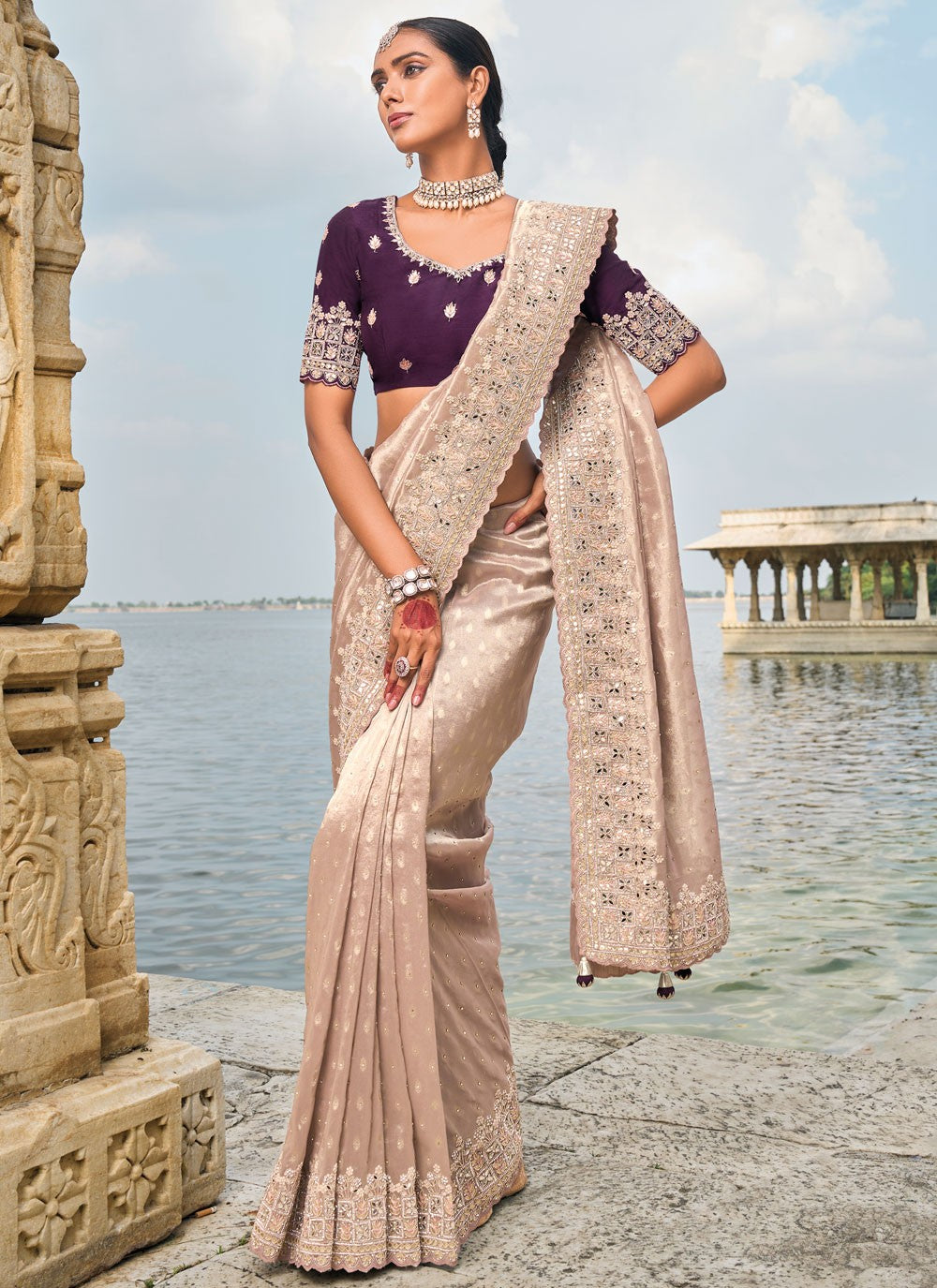 Classic Embroidered Kanjivaram Silk Cream Saree - S10755