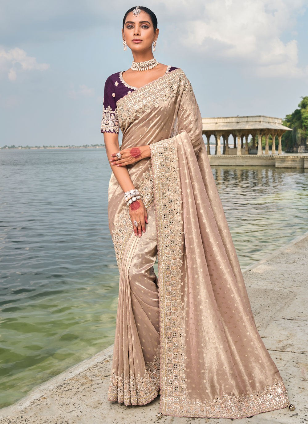 Classic Embroidered Kanjivaram Silk Cream Saree - S10755