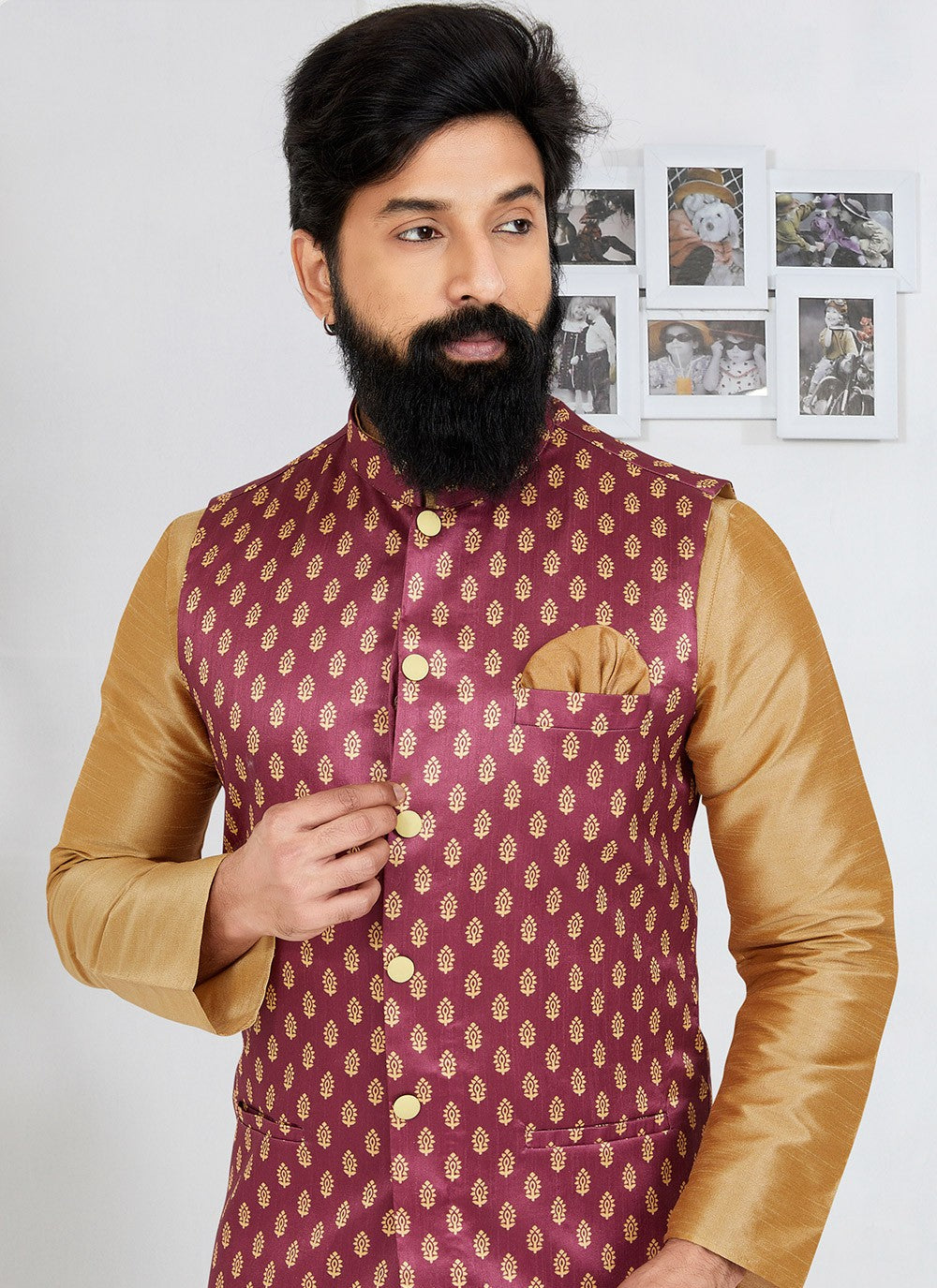 Fancy Work Dupion Silk Beige, Pink Kurta Payjama With Jacket - M5497