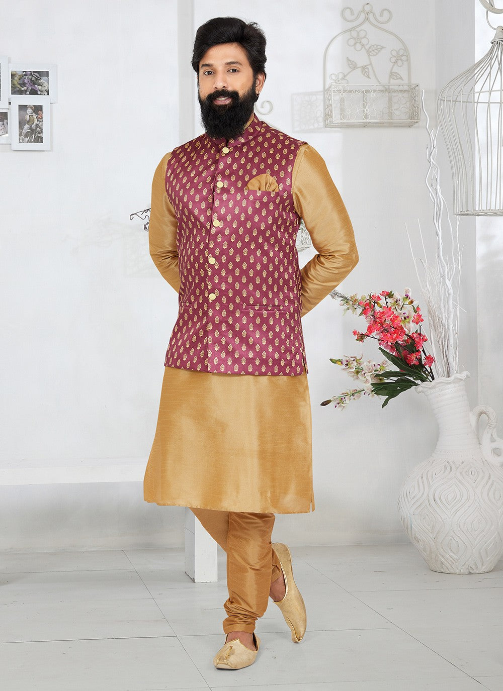 Fancy Work Dupion Silk Beige, Pink Kurta Payjama With Jacket - M5497