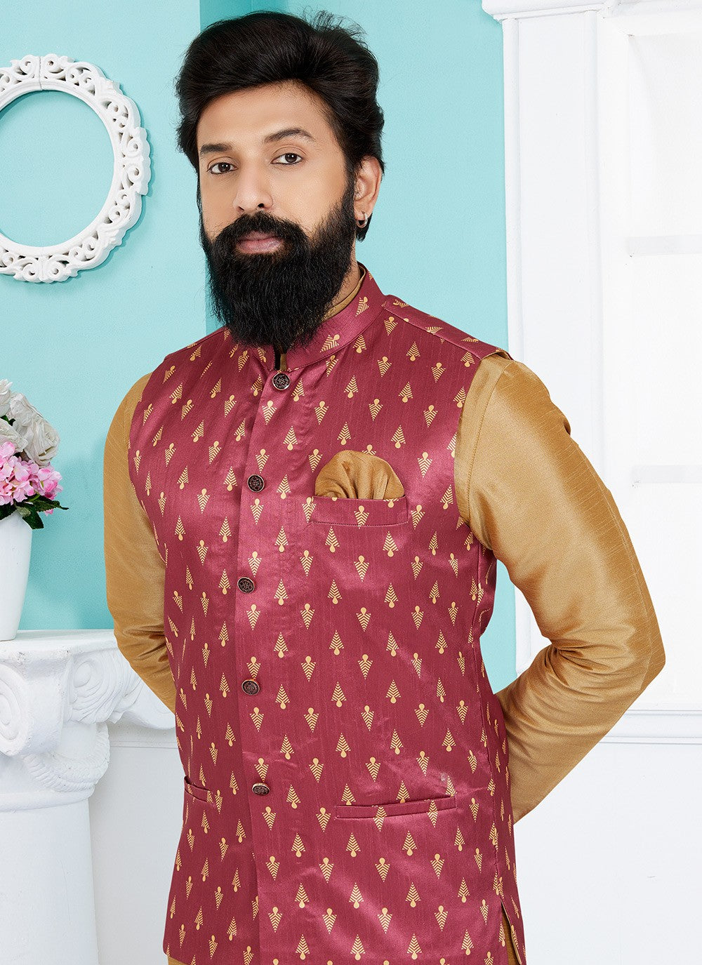 Fancy Work Dupion Silk Beige, Pink Kurta Payjama With Jacket - M5492