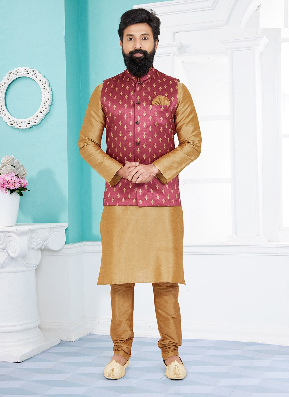 Fancy Work Dupion Silk Beige, Pink Kurta Payjama With Jacket - M5492