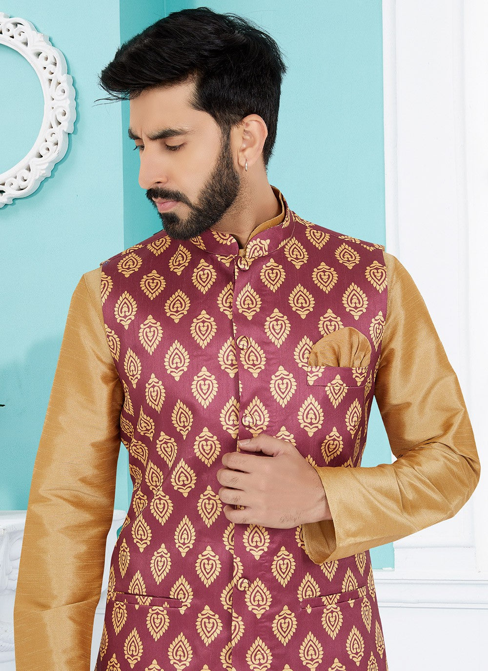 Fancy Work Dupion Silk Beige, Pink Kurta Payjama With Jacket - M5495