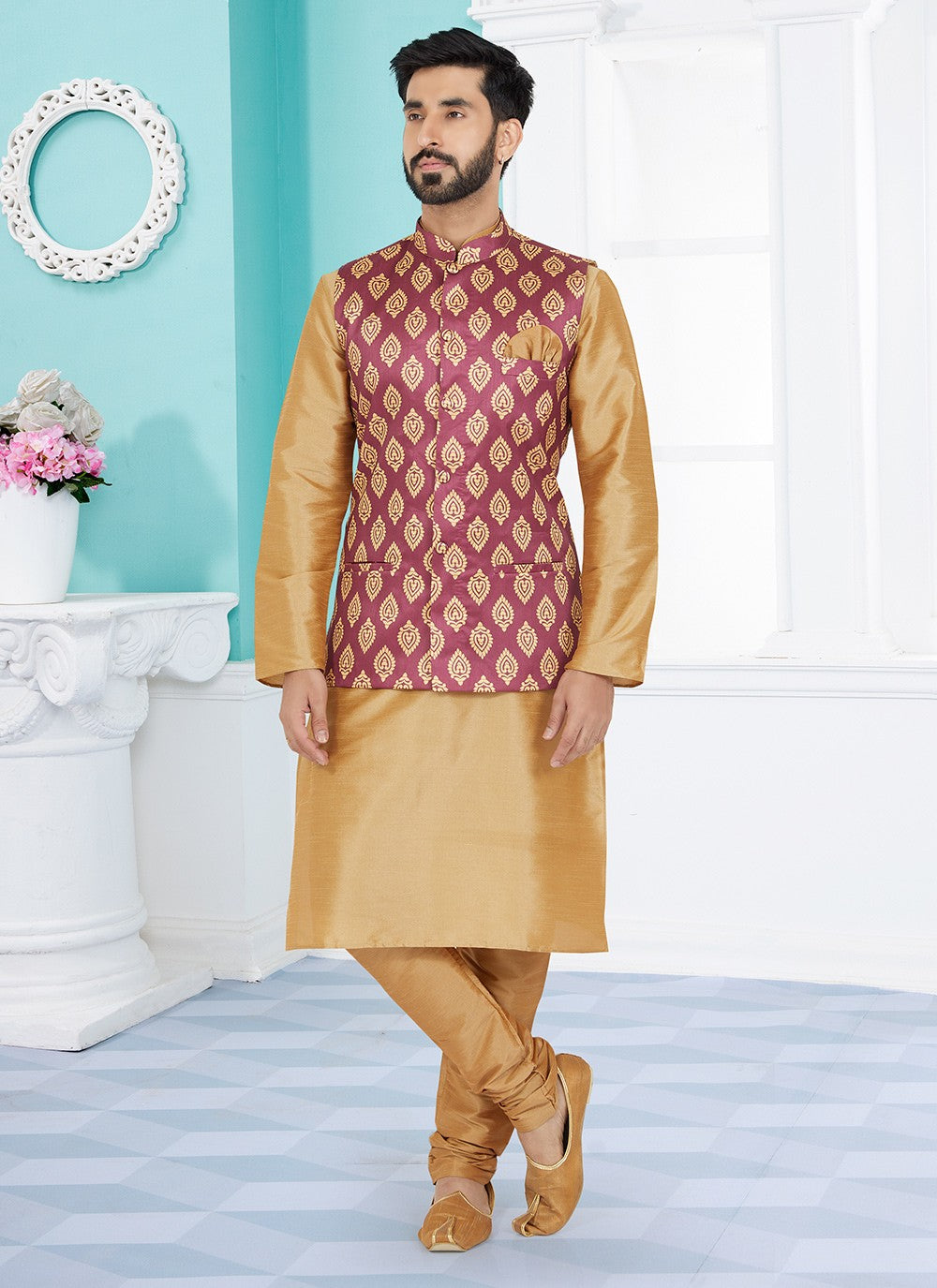 Fancy Work Dupion Silk Beige, Pink Kurta Payjama With Jacket - M5495