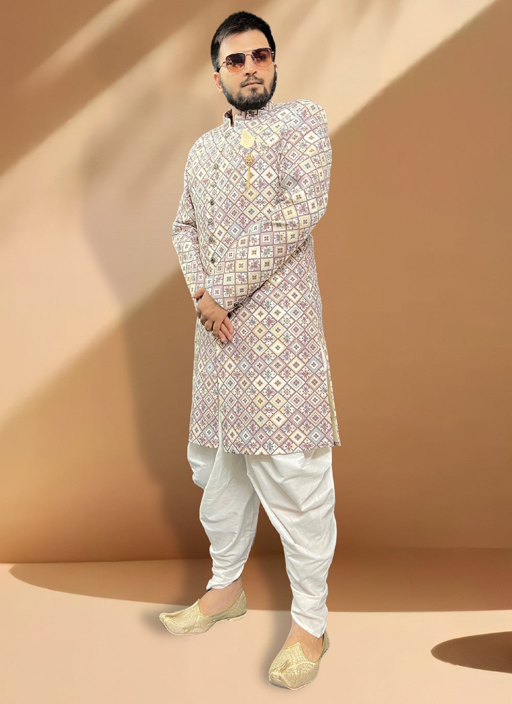 Embroidered Silk Beige, Purple Indo Western Sherwani - M5338