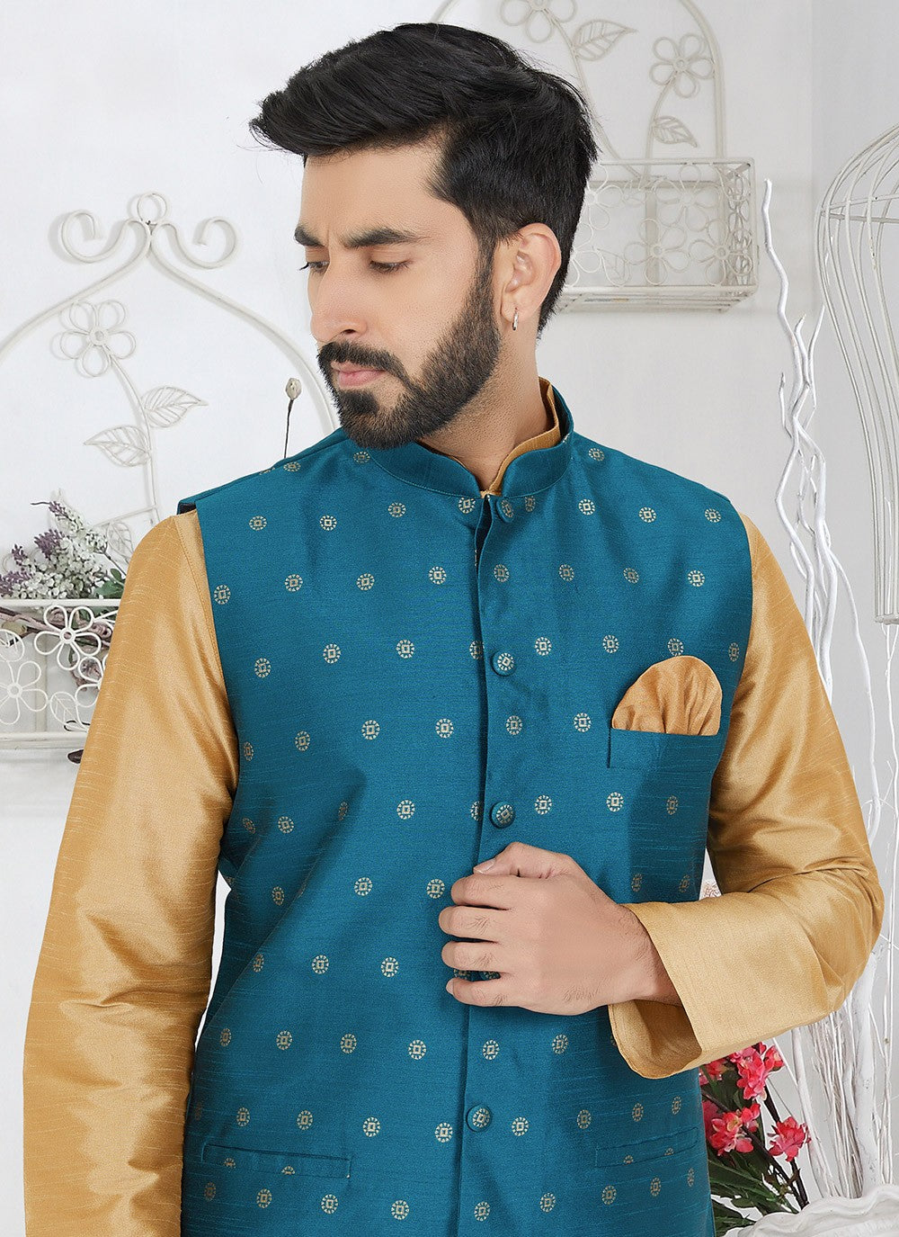 Fancy Work Dupion Silk Beige, Rama Kurta Payjama With Jacket - M5483