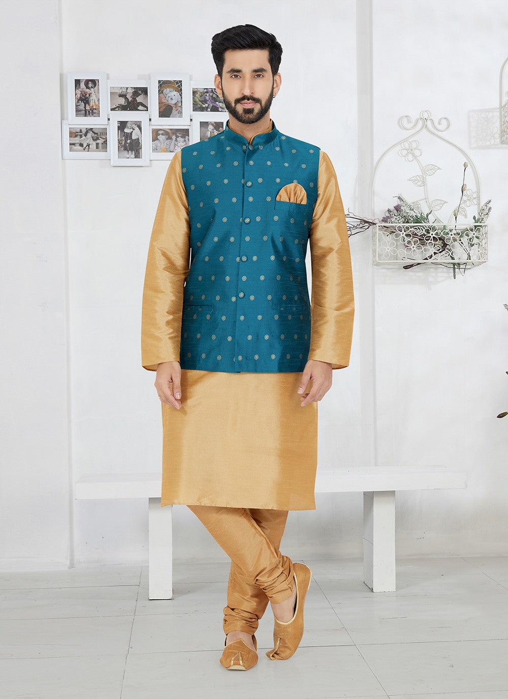 Fancy Work Dupion Silk Beige, Rama Kurta Payjama With Jacket - M5483