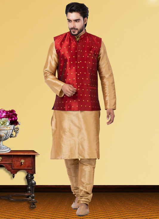 Jacquard Work Dupion Silk Beige, Red Kurta Payjama With Jacket - M3746