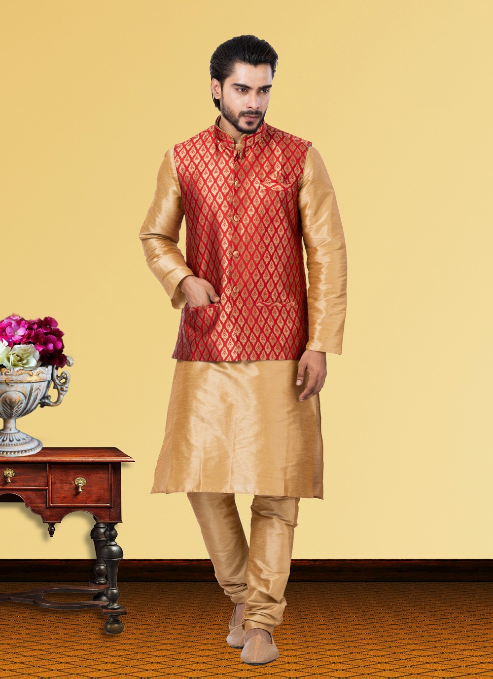 Jacquard Work Dupion Silk Beige, Red Kurta Payjama With Jacket - M3751