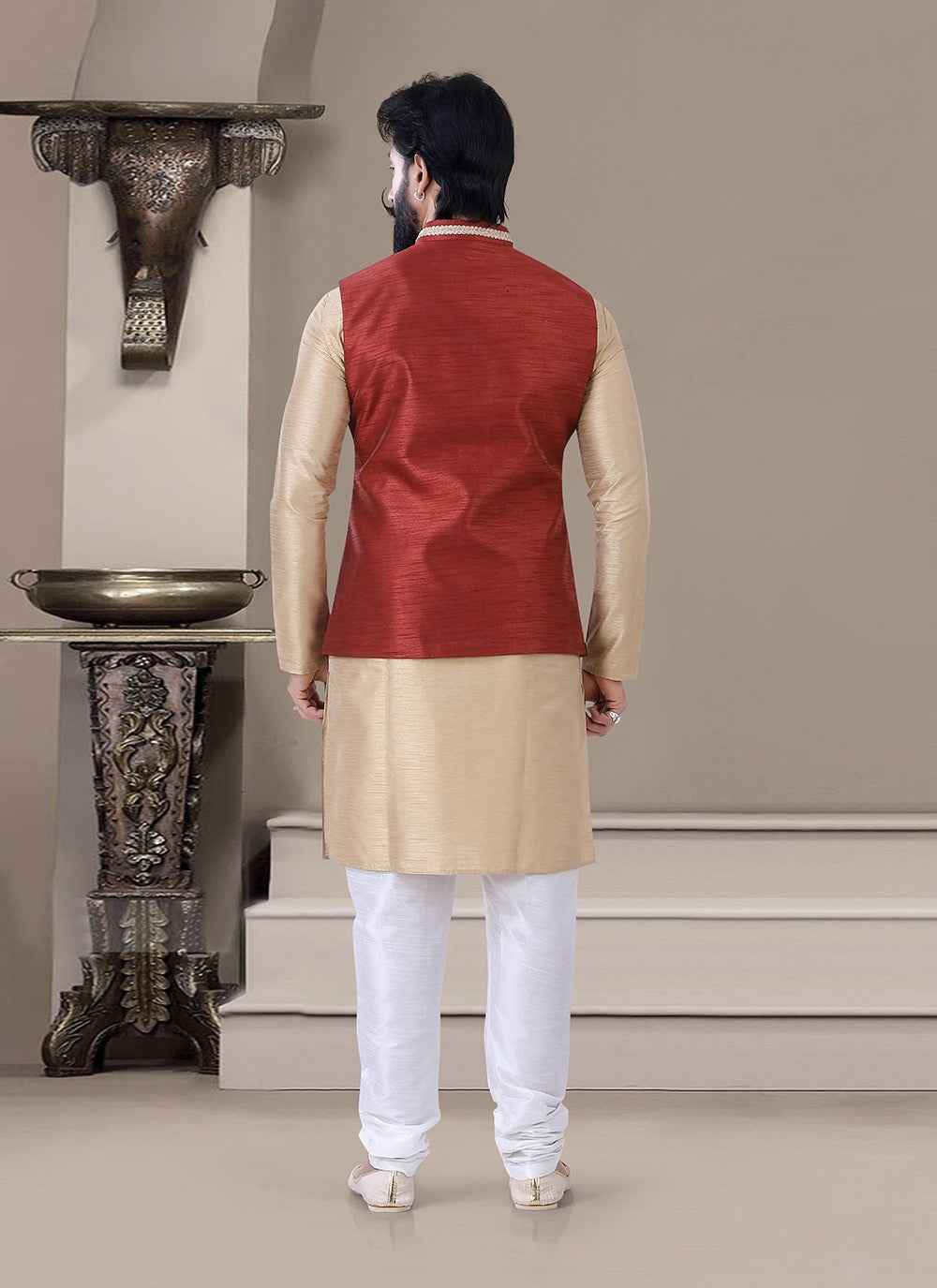 Embroidered Silk Beige, Rust Kurta Payjama With Jacket - M3448