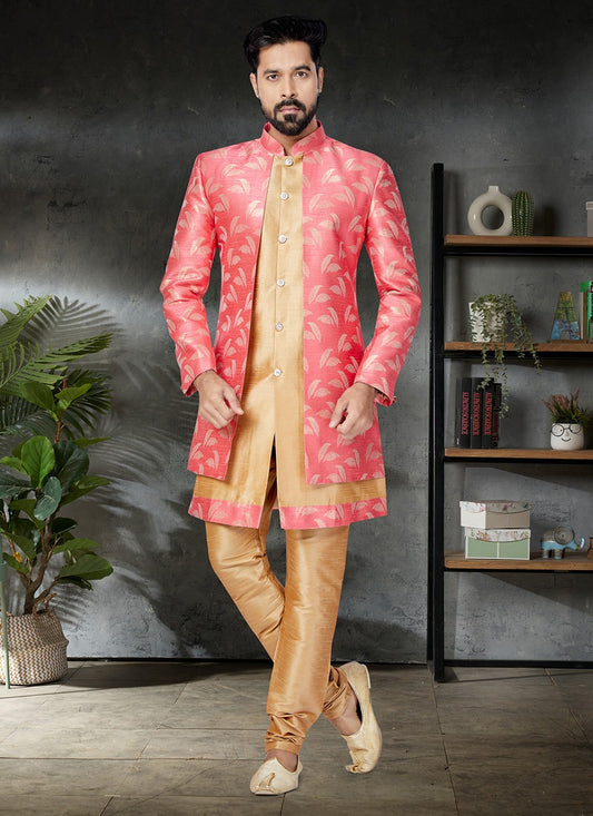 Embroidered Dupion Silk, Jacquard Silk Beige, Pink Indo Western - M5016