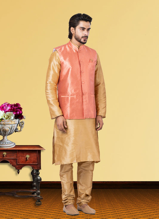 Jacquard Work Dupion Silk, Jacquard Silk Beige, Pink Kurta Payjama With Jacket - M3762