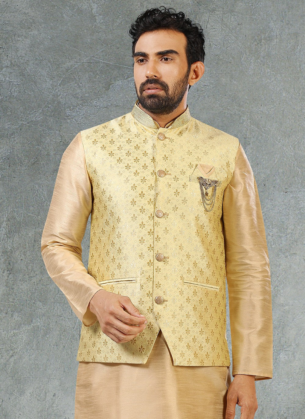 Jacquard Work Banarasi Silk, Jacquard Beige, Sea Green Kurta Payjama With Jacket - M2356