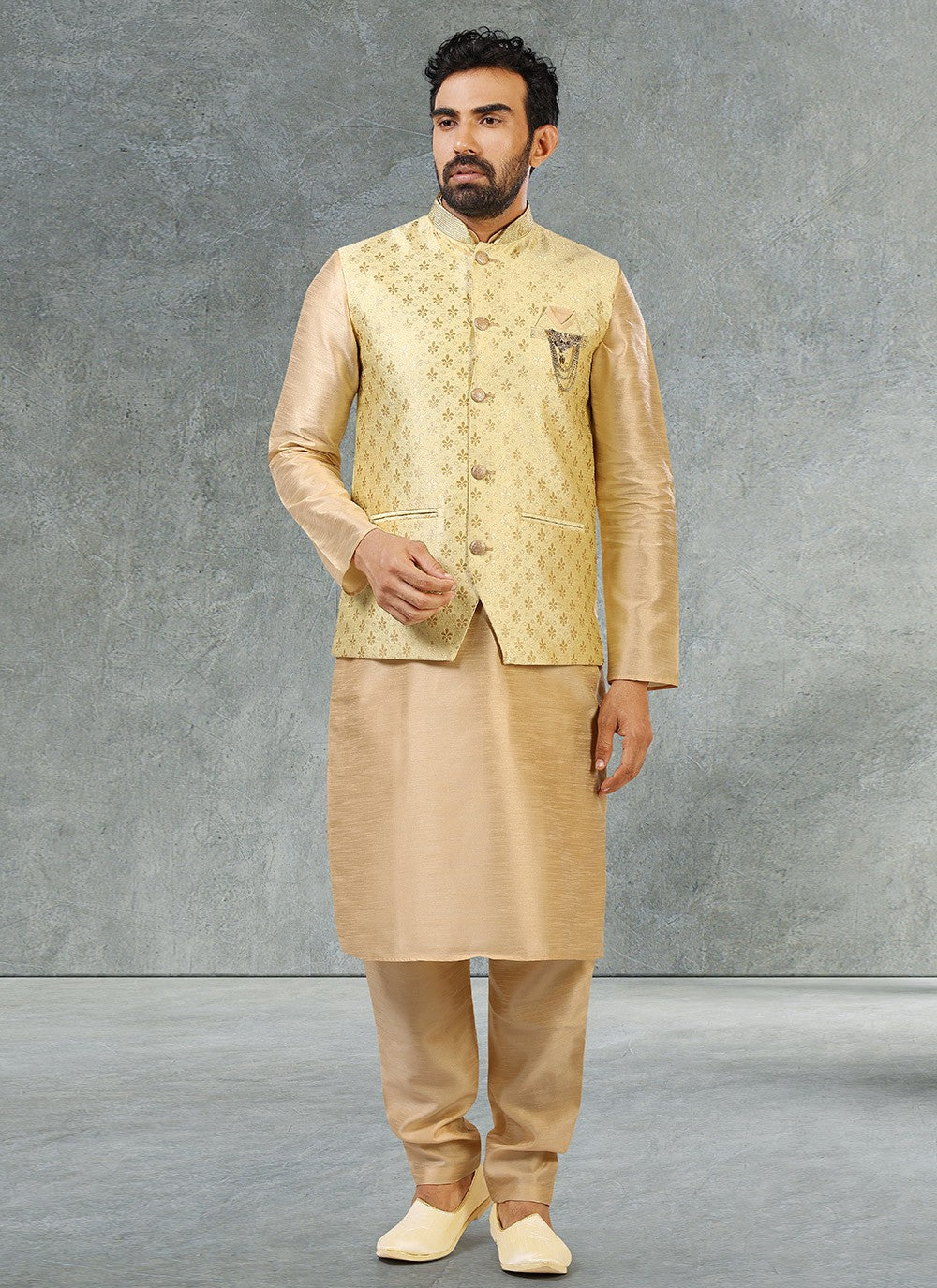 Jacquard Work Banarasi Silk, Jacquard Beige, Sea Green Kurta Payjama With Jacket - M2356