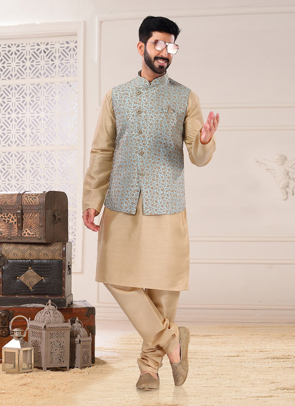 Embroidered Silk Beige, Turquoise Kurta Payjama With Jacket - M4699