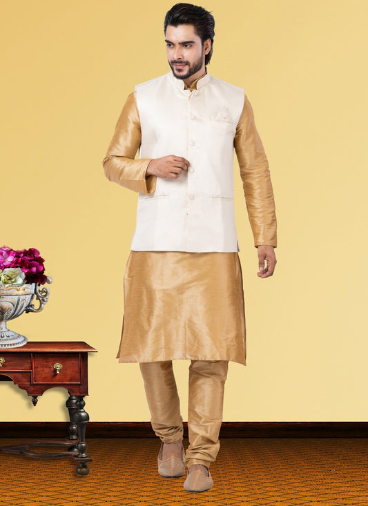 Jacquard Work Dupion Silk Beige, White Kurta Payjama With Jacket - M3759