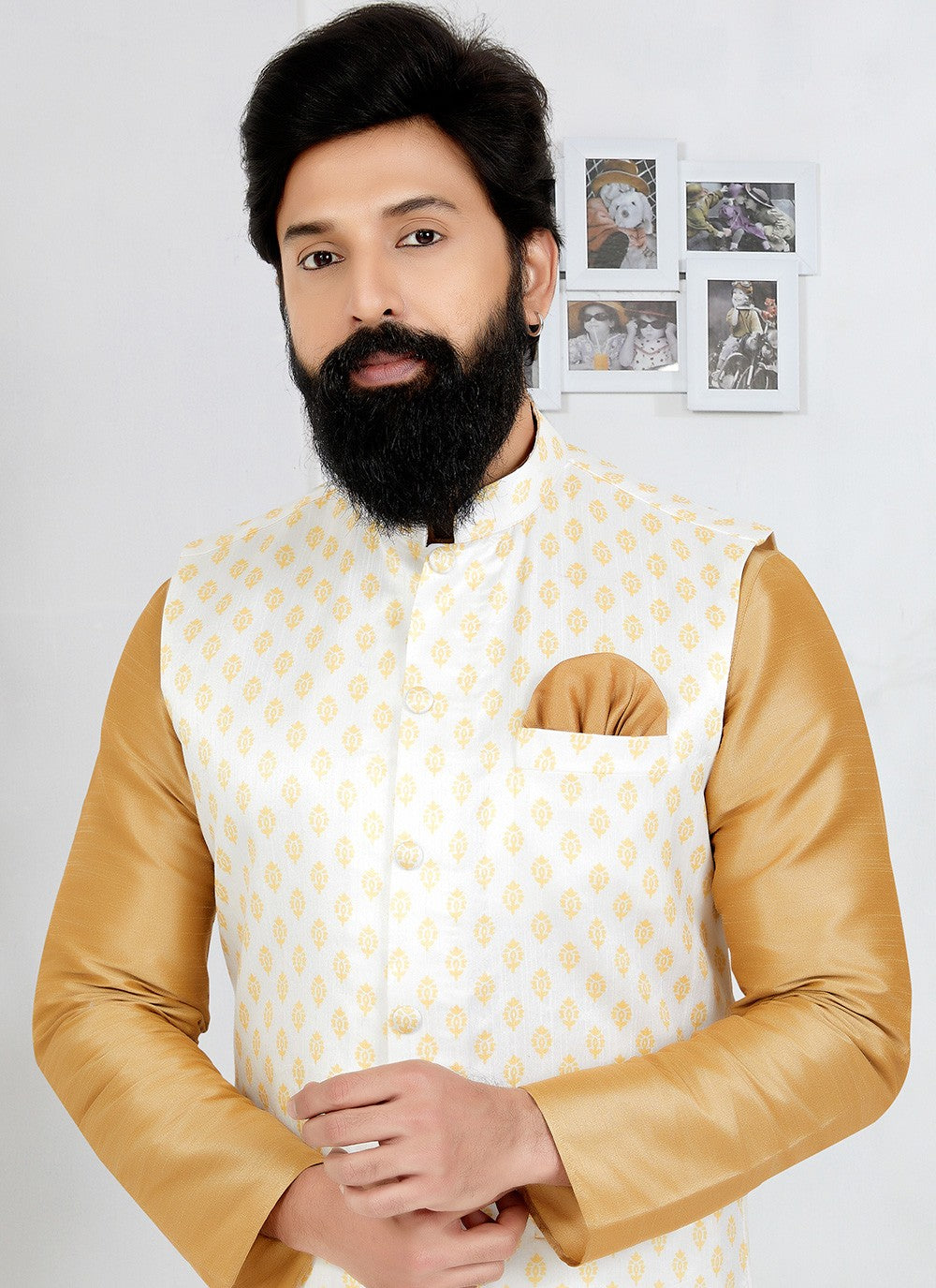 Fancy Work Dupion Silk Beige, White Kurta Payjama With Jacket - M5499